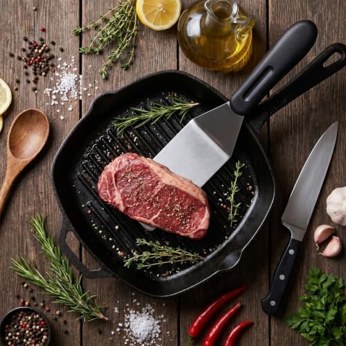 Metal Spatula for Cast Iron Skillet, 7.9 Inch Small Metal Spatula Stainless Steel Flat Top Spatula with Silicone Metal Turner Spatulas for Pancakes, Eggs, Griddle Scraper, BBQ or Desserts