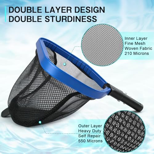 FEED GARDEN Pool Leaf Rake Pool Skimmer Nets for Cleaning with Double-Layer Deep Big Bag,17.5" L x 11" W Heavy Duty Aluminum Frame & Handle Rake(Pole Not Included)