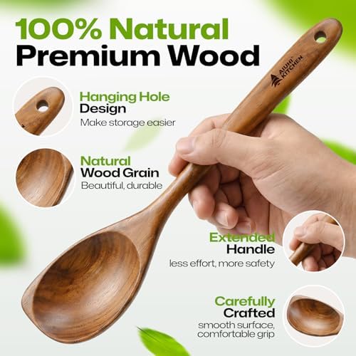 AIUHI Teak Corner Spoon, 100% Solid Teak Wooden Corner Spoon for Cooking, Heat-Resistant Non-Stick Safe Wooden Cooking Spoons