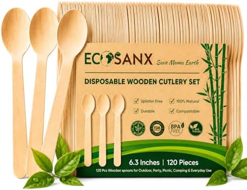 ECOSANX® 120 PCs Wooden spoons for eating, 6.5" Splinter Free small disposable spoons, Eco-Friendly, 100% All-Natural Compostable spoons for Outdoor, Bamboo spoon Disposable for Camping Events & More