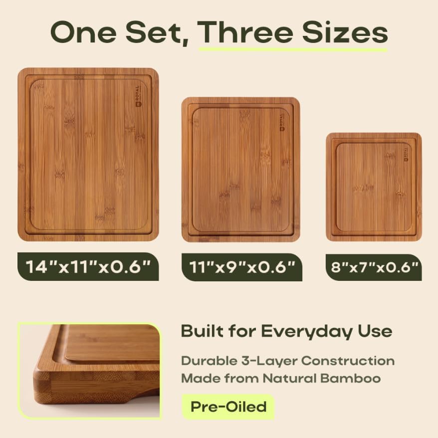 ROYAL CRAFT WOOD Wooden Cutting Boards for Kitchen Meal Prep & Serving - Bamboo Non Toxic Cutting Board Set with Deep Juice Groove Side Handles - Charcuterie & Chopping Butcher Block for Meat (3 Pcs)
