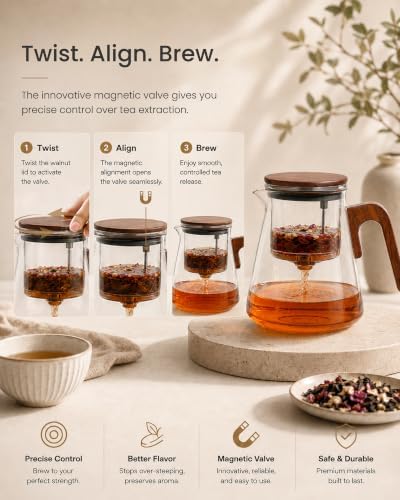 ZENS Magnetic Glass Infuser Teapot for Loose Tea, 27oz Walnut Wood Handle