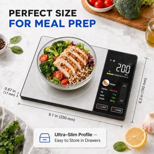 Smart Nutrition Food Scale with TFT Display & App, Calorie Counter & Nutrition Calculator, Tracks Protein, Carbs & Fat, 50 Built-in Foods, 24 Nutrients, 1g Digital Kitchen Scale for Meal Prep