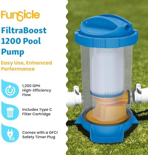Funsicle FiltraBoost 1200 Pool Pump, 1200 GPH, Includes Type C Filter Cartridge, Hose Adapters, Hoses & GFCI Plug