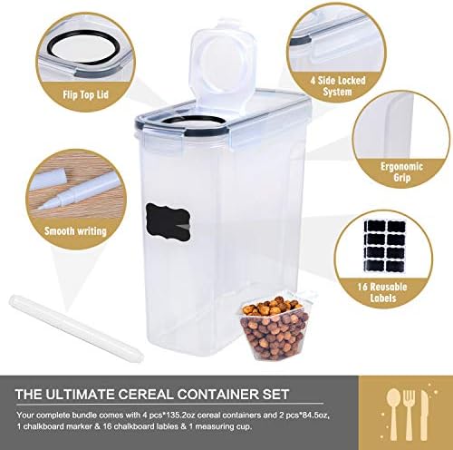 FOOYOO Cereal Containers Storage Set - 6 Piece Airtight Large Dry Cereal Storage Containers(4 * 4L+2 * 2.5L), BPA Free Dispenser Plastic Cereal Storage Containers with 16 Labels & Pen