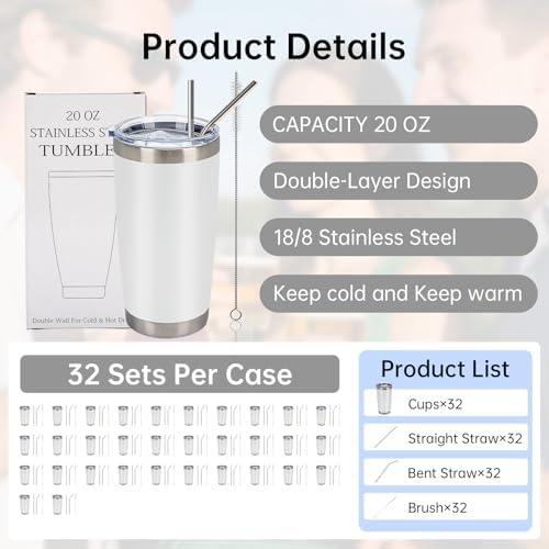 IEOVIEE 32 Pack 20oz Stainless Steel Insulated Bulk Tumblers with Lid&Straw