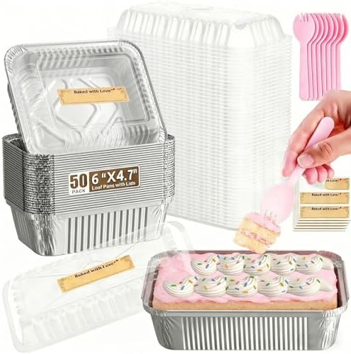 50 Pack Aluminum Loaf Pans with Lids Stickers and Spoon,6" X 4.7" X 2" Small Tin Foil loaf Pans Disposablb Foil Baking Tins Trays for Food Containers/Cakes/Bread