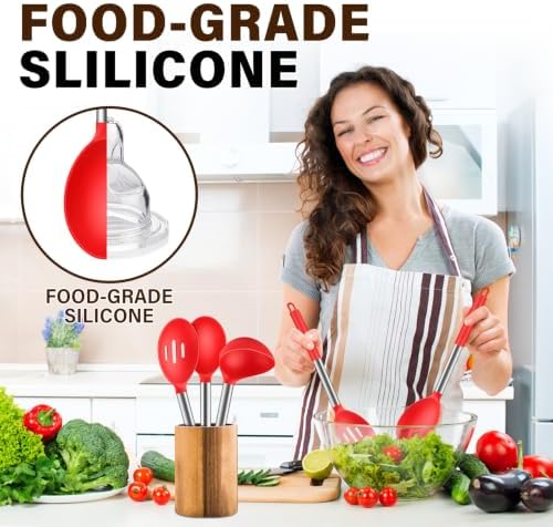 3Pcs Silicone Cooking Spoon Set, Kitchen Utensils Include Solid & Slotted Spoon, Soup Ladle, Food-Grade Heat Resistant 446°F, Non-Scratch Spoons for Serving, Stirring, Draining, Dishwasher Safe, Red
