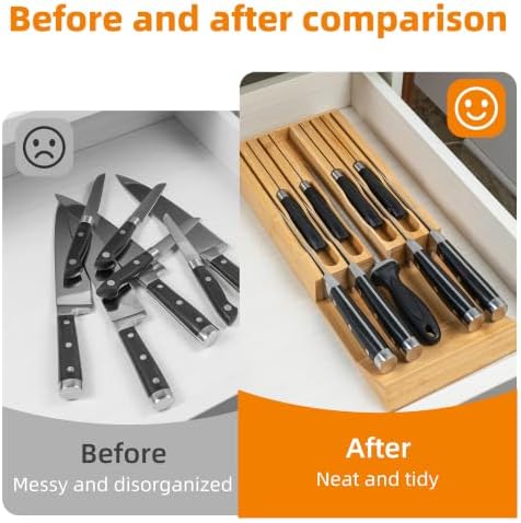 VaeFae Bamboo Knife Drawer Organizer Insert, Kitchen Knife Block, 8 Holder