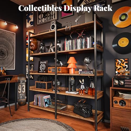 Huuger 5 Tier Bookshelf with 10 Open Shelves and Raised Baffle, Rustic Brown