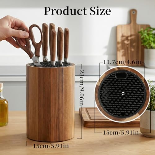 Ninonly Round Acacia Wood Knife Block Without Knives