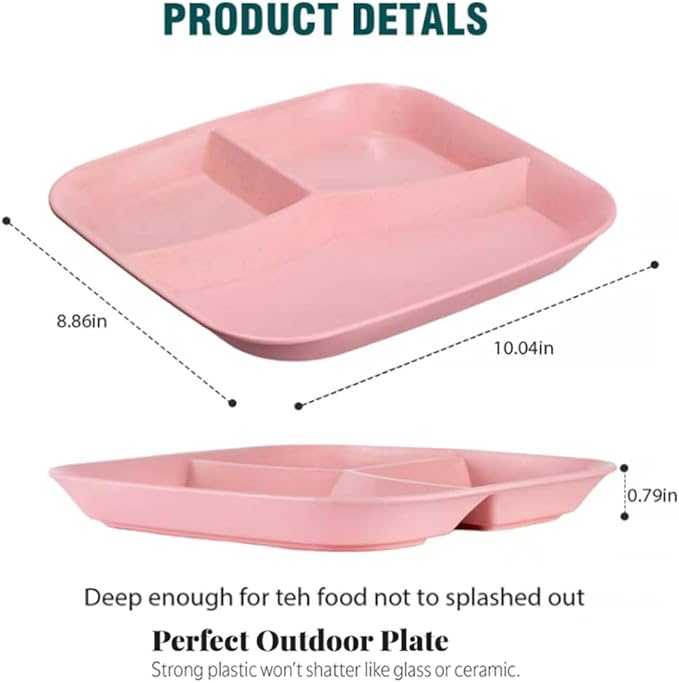 Unbreakable Wheat Straw Dinner Plates for Healthy Eating - 10 Inch Divided Portion Control Plates, 4 Pack BPA Free, Suitable for Kids & Adults, Perfect for Picnics