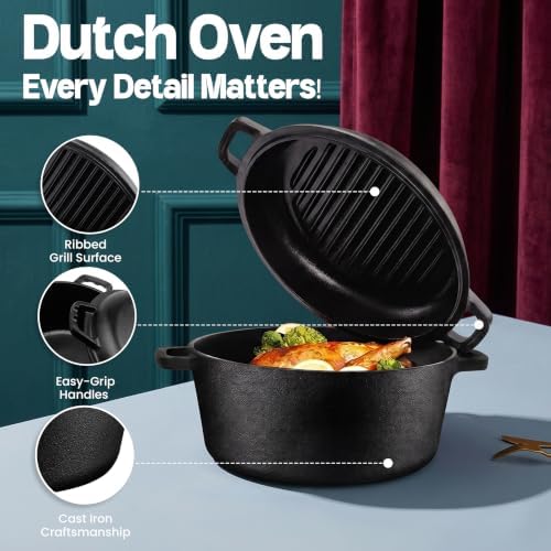 KICHLY Cast Iron Dutch Oven 5 QT with Skillet Lid Pre-Seasoned PFAS-Free