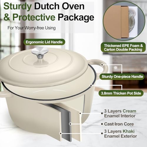 P&P CHEF 5QT Enameled Dutch Oven, Dutch Oven Pot for Bread Baking, Khaki