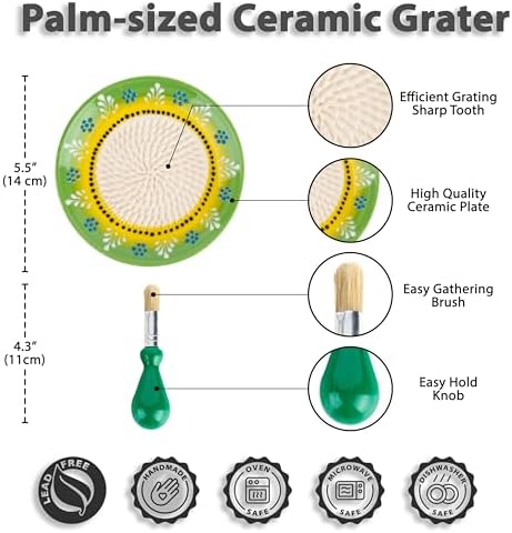 Ceramic Garlic Grater Plate Set – Handmade 4-Piece Press & Natural Grinder for Ginger, Cheese & Spices – Decorative Hand Dish (Green)