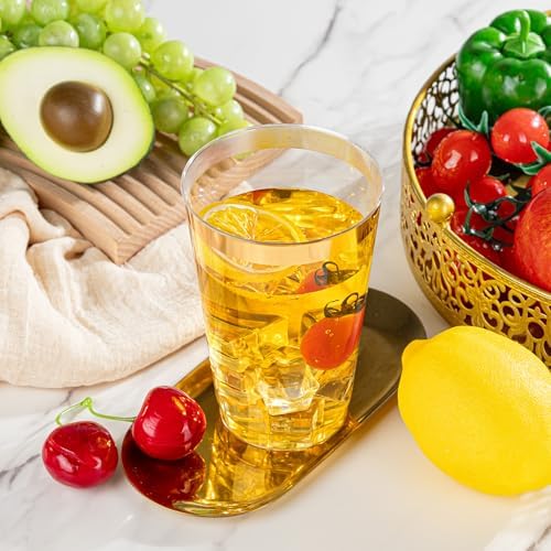 I00000 100 Pack 18 oz Gold Plastic Cups, Elegant Gold Rimmed Plastic Cups, Disposable Cocktail Glasses Wine Glasses, 18 oz Premium Tumblers Perfect for Birthday, Party & Wedding