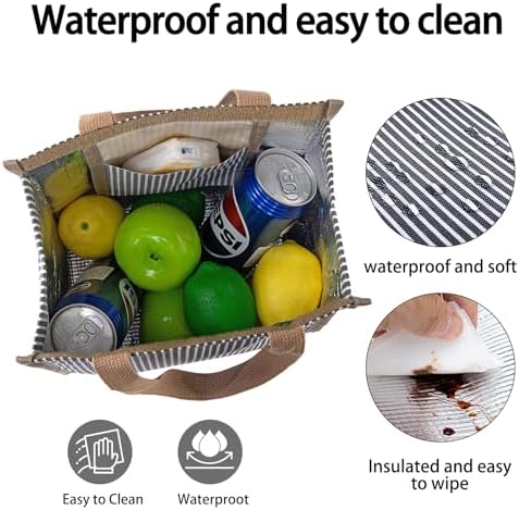 Insulated Lunch Bag for Work, 10.2"x5.9"x10.2" Oxford Waterproof Lunch Tote, Thermal Lunch Box for Office, Picnic & Outdoor, Black and White Striped Canvas Tote Bag