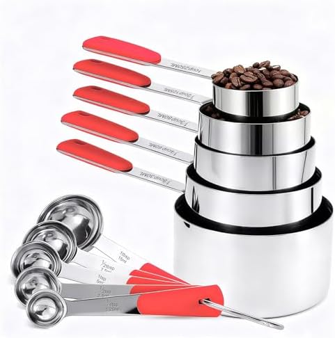 Bopei 10-Pcs Stainless Steel Measuring Cups & Spoons Set, Red Handles