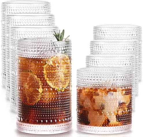Drinking Water Glass Cups Set,Crystal Hobnail Glass set of 8,15oz&12oz