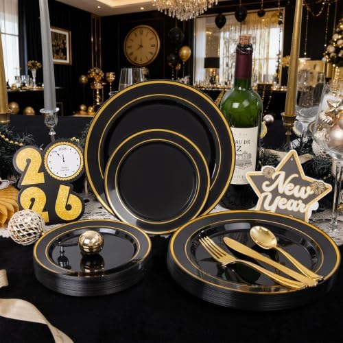 WDF Partyware 175PCS Black and Gold Plates - Black Disposable Plates for Party - 25Guests Disposable Dinnerware Set for Wedding/Party/Birthday/Halloween