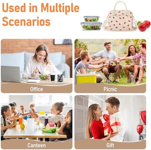 Lunch Bag Large Insulated Lunch Box for Women Adult Cute Beige Strawberry Lunchbox Corduroy Lunch Bags Boxes Pail with Shoulder Strap for Work Mom Picnic Office Travel 11.4×6.8×9.1 inches 11.5L