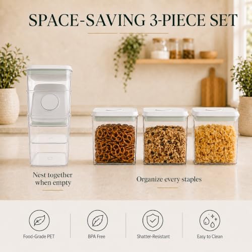 3-Pack 1.3 Qt Airtight Food Storage Containers, Stackable Pop Lids
