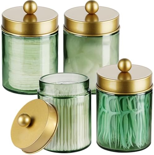 Amolliar Green Glass Apothecary Jar, Qtip Holder Bathroom Decor Gold 4 Pack