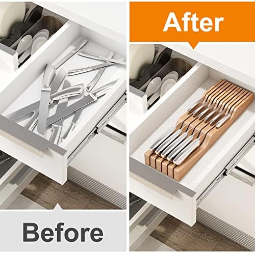 In-Drawer Knife Block Organizer - Bamboo Wood Drawer Knife Organizer-Protecting Knife Organizer Block (Not Included) (Natural, 11 Knives Dock)