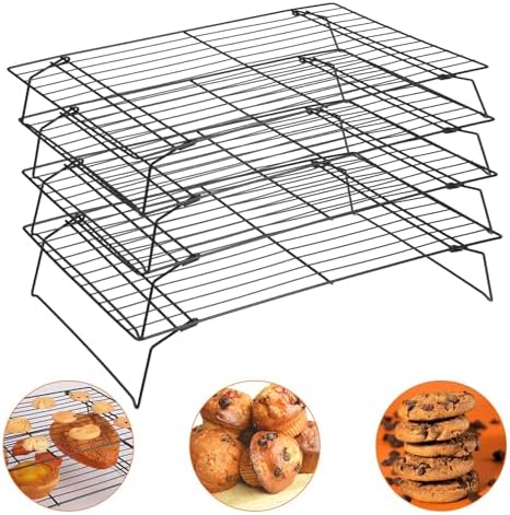 4 Pcs Stackable Cooling Racks, Heavy Duty Iron Wire Baking Rack Set, 15.7 x 9.8 Inch for Cooking, Roasting, Grilling, Oven and Dishwasher Safe, Black