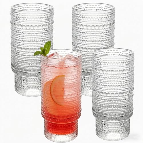 Large Capacity 16 oz Hobnail Drinking Glasses Set of 4, Vintage Glassware Drinking Glasses, Clear Water Glasses Tumbler, Cups for Kitchen, Juice, Beer, Cocktail, Whiskey