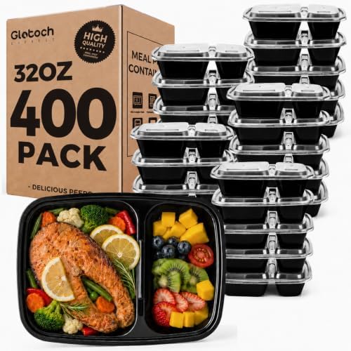 Glotoch Express 400 Pack 32 oz Meal Prep Containers,2-Compartment Reusable Food Storage Containers with Lids,Microwave Freezer Dishwasher Safe,Sturdy Leakproof&BPA Free Bento Box for To Go Take Out