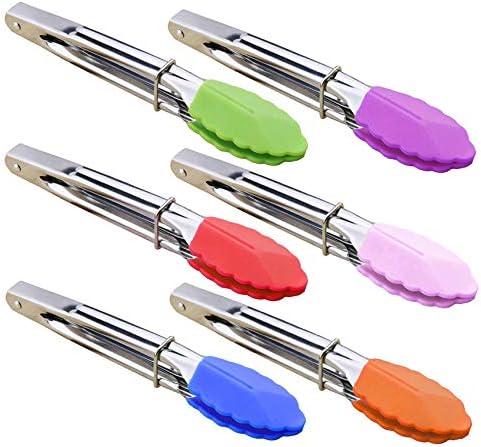 HINMAY Small Tongs with Silicone Tips 7-Inch Mini Serving Tongs, Set of 6