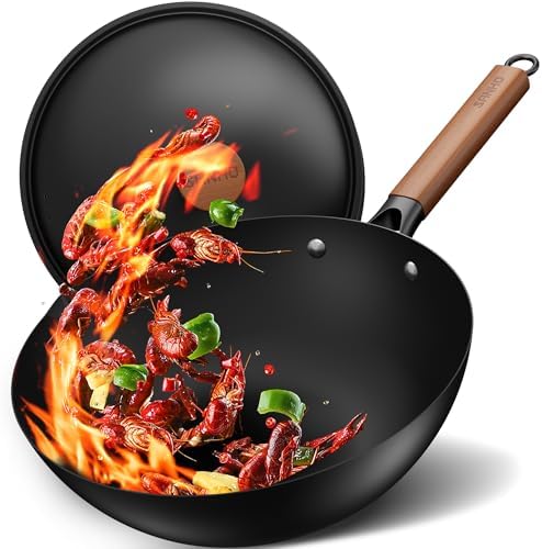Sanho 12.6 Inch Carbon Steel Wok Pan, 5QT Woks & Stir-Fry Pans Nonstick with Lid, No Seasoning Required & 0 Coating, Compatible with All Cooktops & Utensils for Stir Fry, Pan-Fry, Steam, Camping