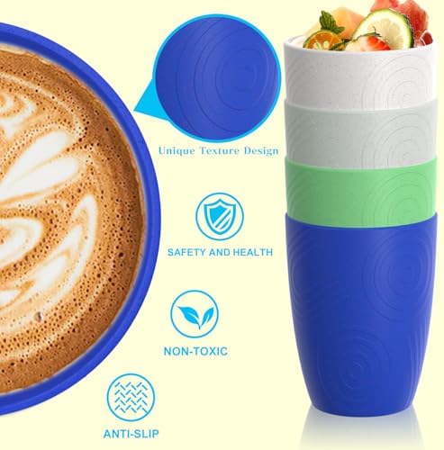Homienly Drinking Glasses & Everyday Kids Tumblers Wheat Straw Cups 4-Pack Set | Textured Reusable Plastic Cups Essential Kitchen Cups | Dishwasher Safe for Party, Home, Camping (12 oz, Island Color)