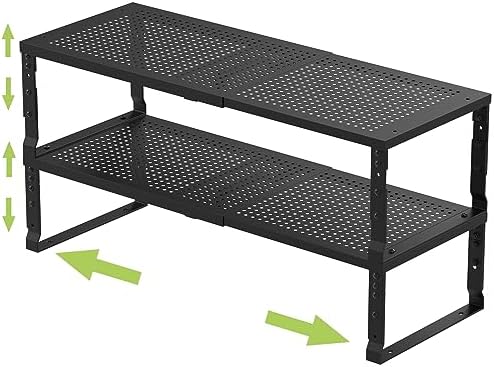 Jojocross Expandable Adjustable Stackable Kitchen Organizer, Spice Rack,Metal Pantry Storage Shelves Racks,Counter Shelf for Cabinets, Countertop, Cupboard (2 Packs/Large/Black)