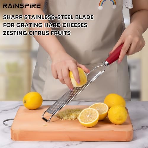 Rainspire Zester Grater with Handle, Lemon Zester Cheese Grater for Kitchen Stainless Steel, Parmesan Cheese Garlic Nutmeg Chocolate Fruits Vegetables Ginger Grater, Fine, Red