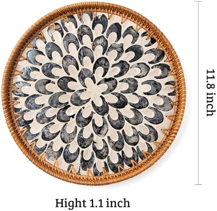 Round Rattan Tray with Mother of Pearl Inlay, Wooden Base