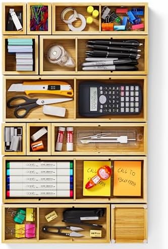 12-Piece Bamboo Drawer Organizer Set, 24 Compartments Modular Storage