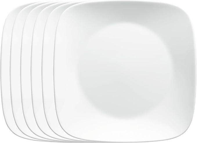 Corelle Vitrelle 6-Piece Salad Plates Set, Triple Layer Glass and Chip Resistant, Lightweight Square 9-Inch Plates, White