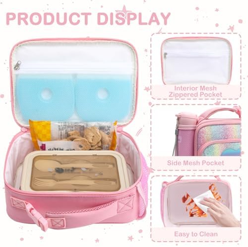 FlowFly Kids Lunch box Insulated Soft Bag Mini Cooler Back to School Thermal Meal Tote Kit for Girls, Boys,Glitter-RainBow
