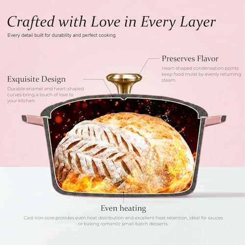 Overmont Enameled Cast Iron Dutch Oven - 2QT Pink Heart-Shaped Mini Pot