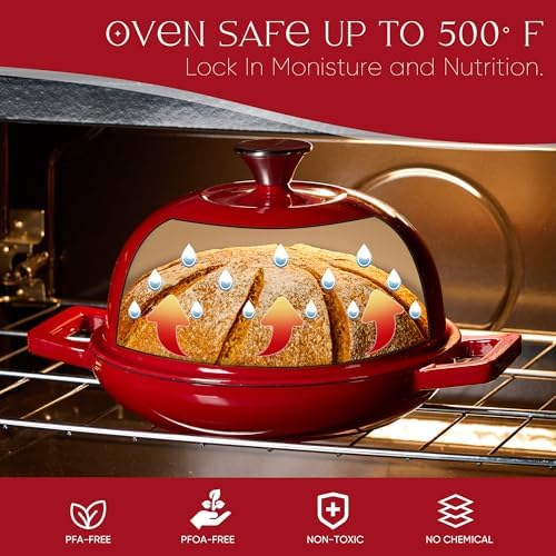 CAROTE 5QT Enameled Cast Iron Dutch Oven, Red Round Bread Oven