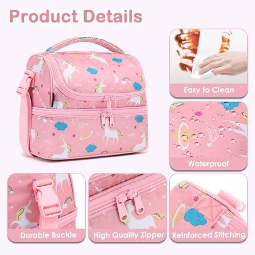 FlowFly Kids Double Decker Cooler Insulated Lunch Bag Large Tote for Boys, Girls, Men, Women, With Adjustable Strap, Unicorn