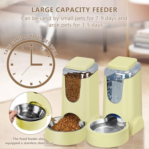 HWONMTE Portable Automatic Cat Feeder and Water Dispenser with Stainless Steel Bowl Dog Gravity Food Feeder and Waterer for Small Medium Pets Puppy Kitten 1 Gallon x 2 (Cream Yellow)