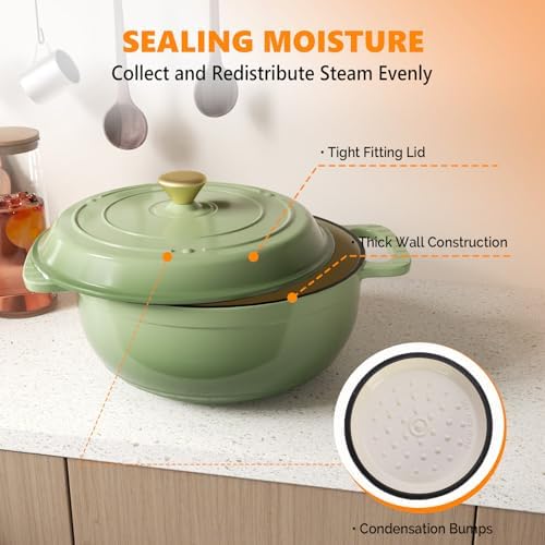 Bonnlo 7.5QT Round Dutch Oven, Enameled Cast Iron Dutch Oven Pot with Lid & Dual Handles, Oven Safe Up to 500° F, for Sourdough, Bread Baking, Stews and Roasting, Green