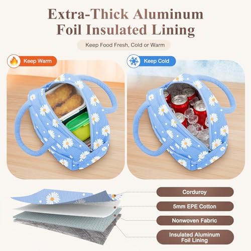 KUBYA Lunch Box for Women, Cute Corduroy Insulated Lunch Bag Women Reusable Work Leakproof Simple Adults Large Lunch Boxes Tote Bag Men Cooler Bag