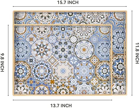 AGIOTA 2 Pcs Serving Tray with Handles Bohemian Decorative Tray Large Ottoman Trays for Living Room Blue Coffee Table Trays for Breakfast