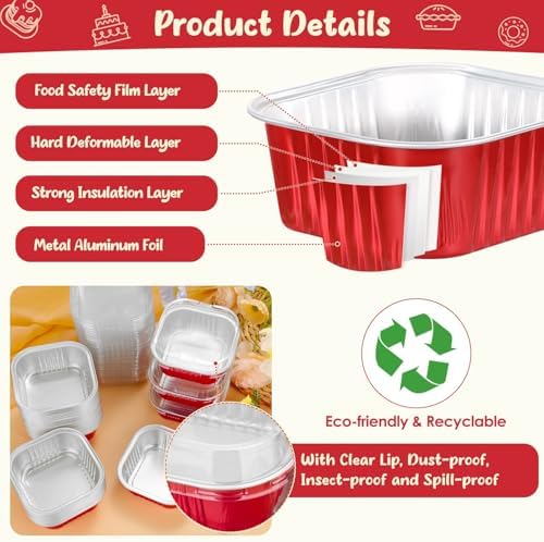 selizo 60 Pack 10oz Mini Disposable Cake Pans with Lids, Aluminum Foil Square Baking Cups, 4.4x4.4 Large Baking Cake Tins Cup Cake Containers with Lids for Individual Cakes