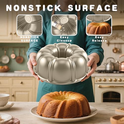10 Inch Cake Pan, Nonstick Round Fluted Tube Cake Baking Pan, Buntz Pound Cake Mold,Tube Bakeware,Baking Mold for Jello/Gelatin/Chocoflan, Non Toxic, Easy Clean - Gold