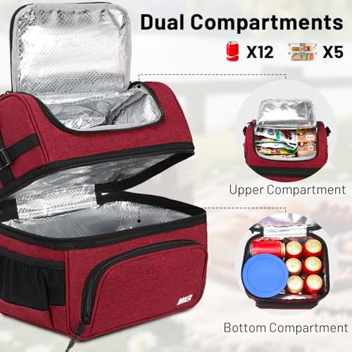 MIER Lunch Box for Men Dual Compartment Adult Lunch Bag for Work, Dark Red